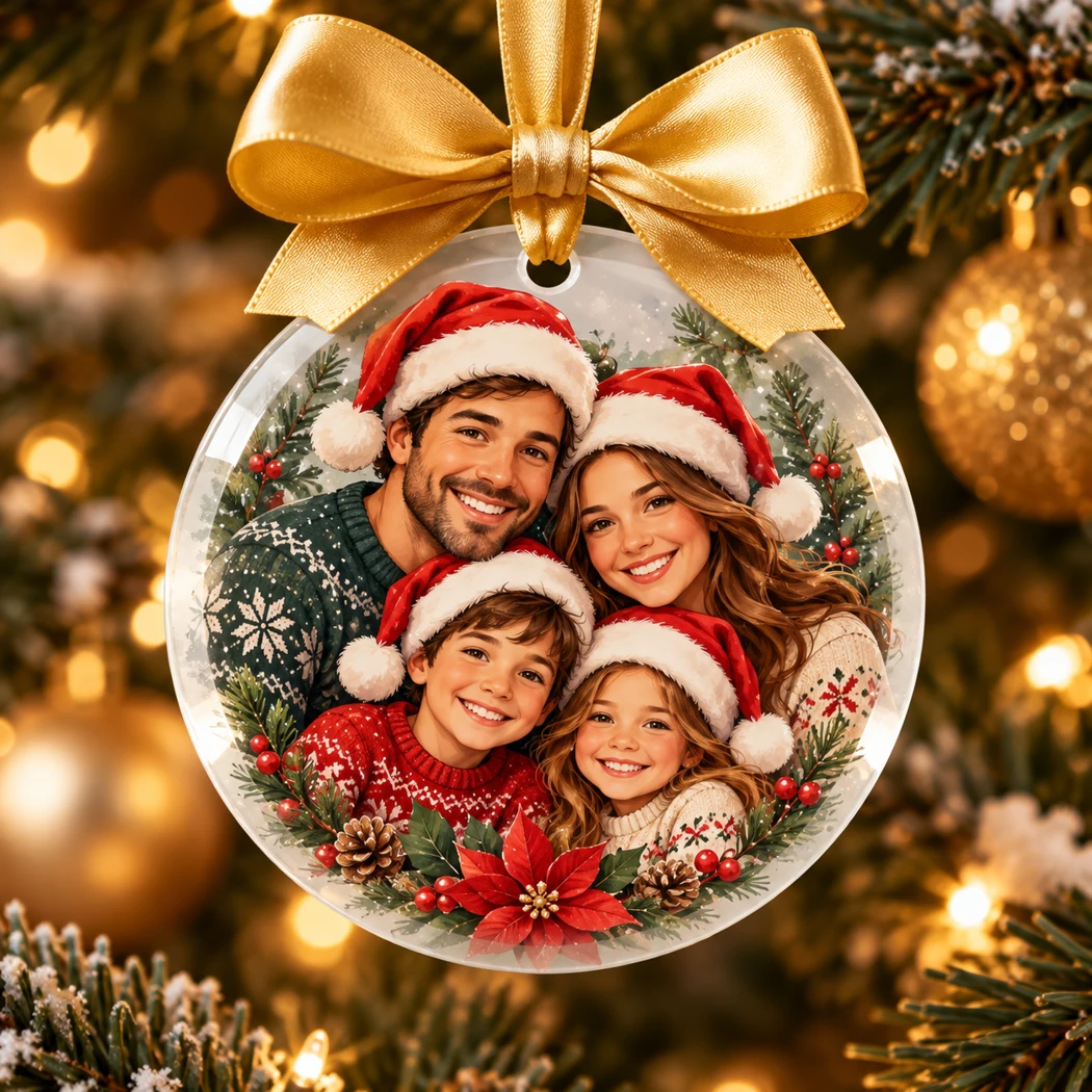 Sample Personalized Photo Ornament displayed with a gold ribbon