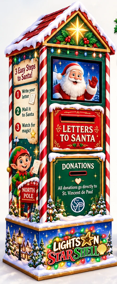 SLED interactive Christmas mailbox design, showing a Santa video screen, a separate Letters to Santa opening and a separate donation slot